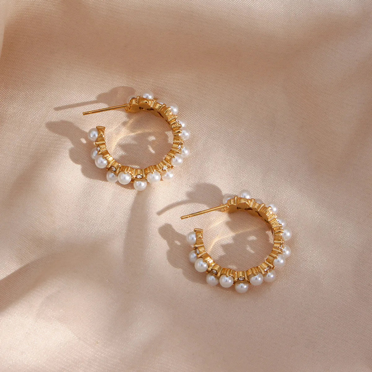 Elegant C Shape Inlay Stainless Steel Artificial Pearls Zircon Gold Plated Earrings