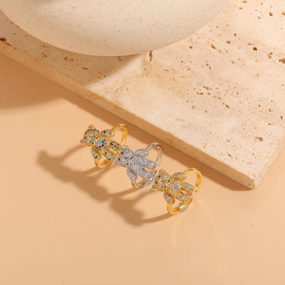 Elegant Classic Style Bear Copper Asymmetrical Plating Inlay Zircon 14k Gold Plated Open Rings