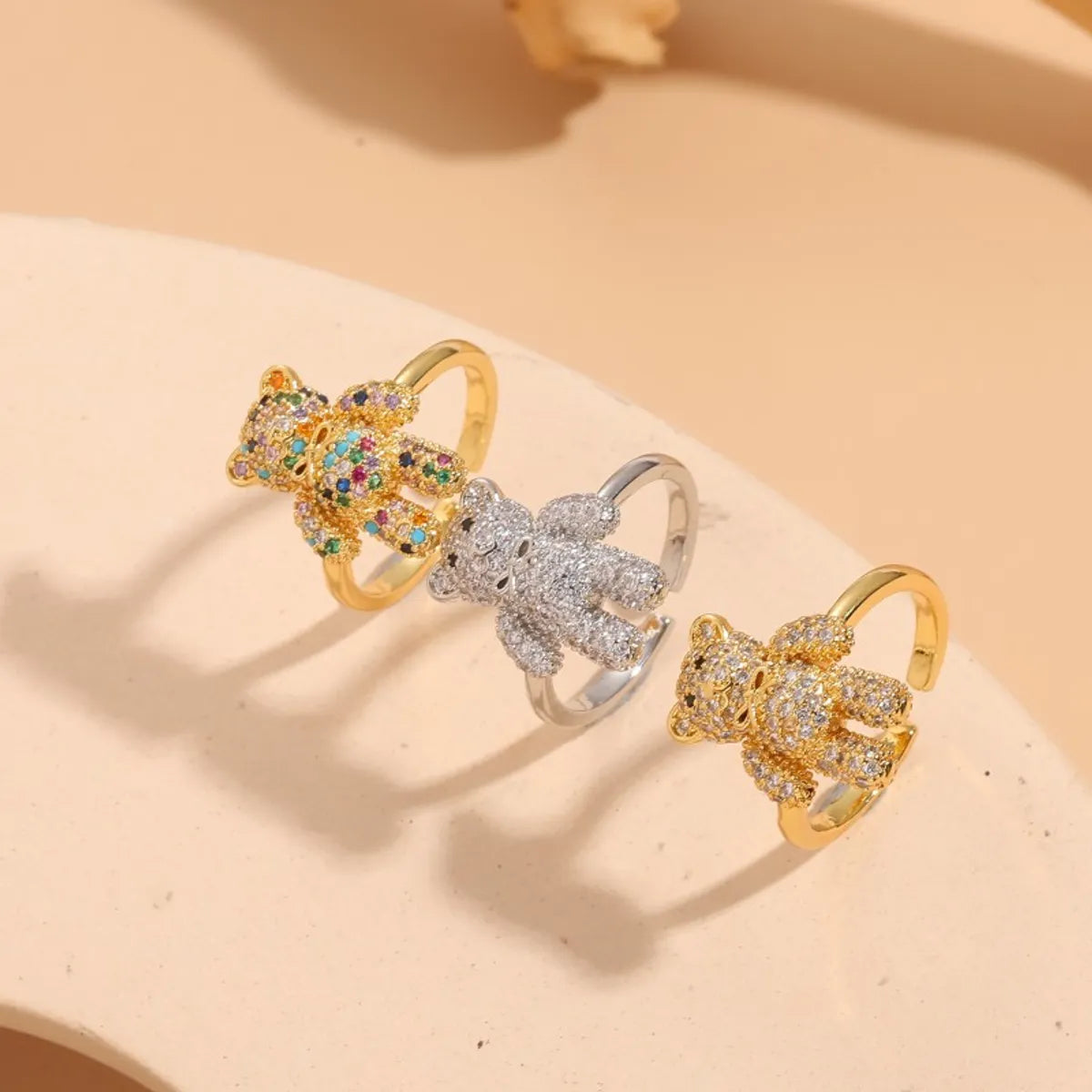 Elegant Classic Style Bear Copper Asymmetrical Plating Inlay Zircon 14k Gold Plated Open Rings