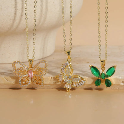 Elegant Classic Style Butterfly Copper 14k Gold Plated Zircon Necklace In Bulk