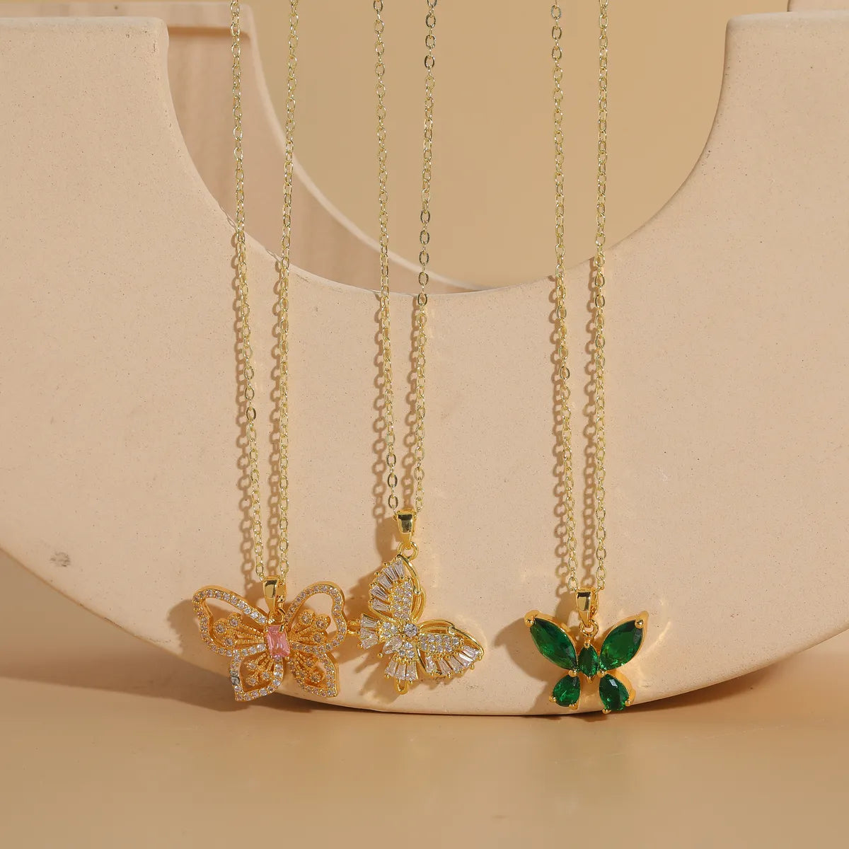 Elegant Classic Style Butterfly Copper 14k Gold Plated Zircon Necklace In Bulk