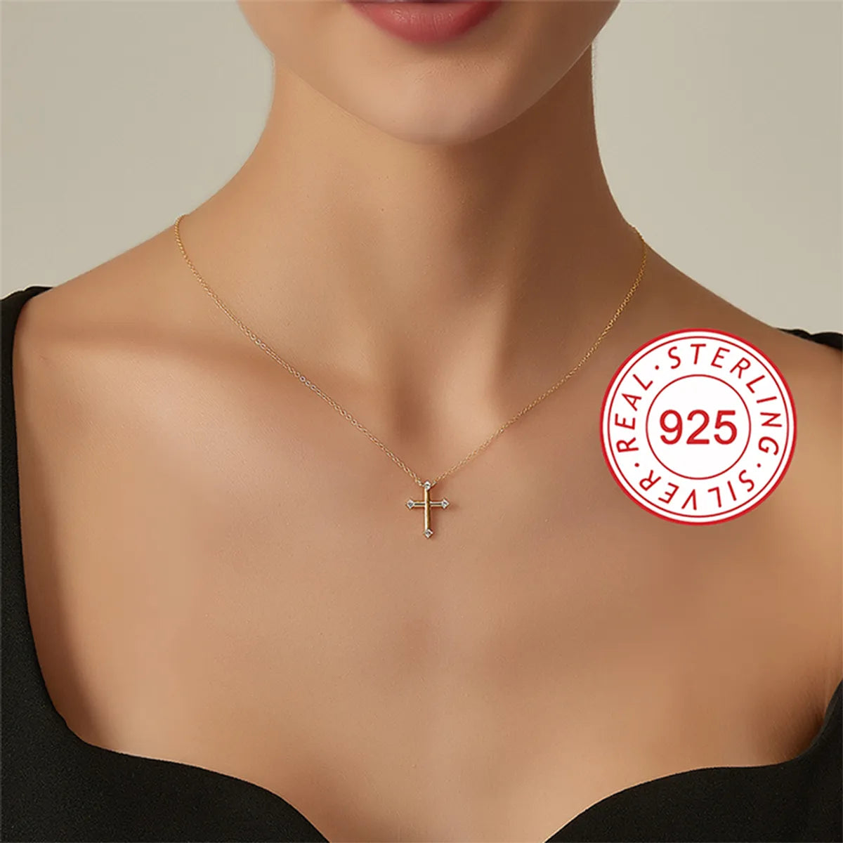 Elegant Classic Style Cross Sterling Silver Plating Inlay Pearl Zircon 18k Gold Plated Pendant Necklace