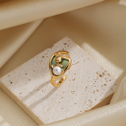 Elegant Classic Style Flower Copper Plating Inlay Freshwater Pearl Zircon 18k Gold Plated Rings