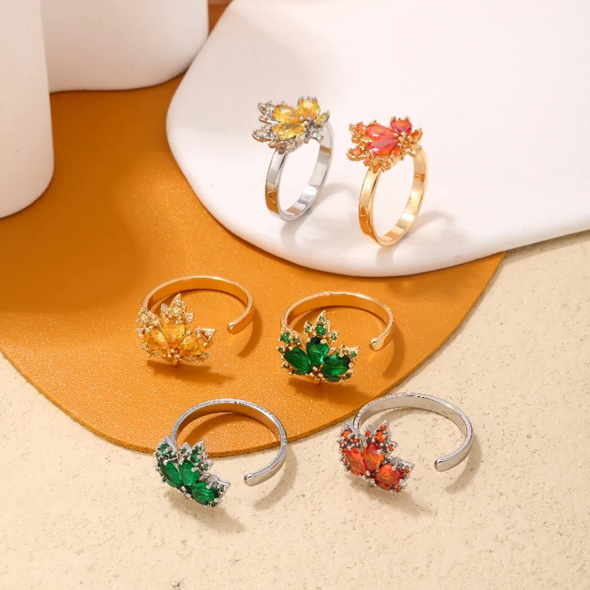 Elegant Classic Style Geometric Maple Leaf Copper Plating Inlay Zircon Open Rings