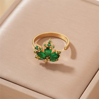 Elegant Classic Style Geometric Maple Leaf Copper Plating Inlay Zircon Open Rings