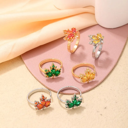 Elegant Classic Style Geometric Maple Leaf Copper Plating Inlay Zircon Open Rings