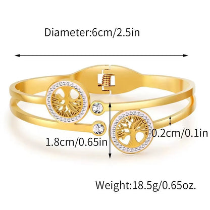 Elegant Classic Style Life Tree Titanium Steel 18K Gold Plated Rhinestones Bangle In Bulk