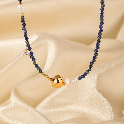 Elegant Classical Commute Color Block Freshwater Pearl Copper Lapis Lazuli Beaded Patchwork Plating 18k Gold Plated Necklace