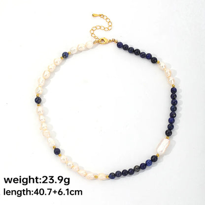 Elegant Classical Commute Color Block Freshwater Pearl Copper Lapis Lazuli Beaded Patchwork Plating 18k Gold Plated Necklace