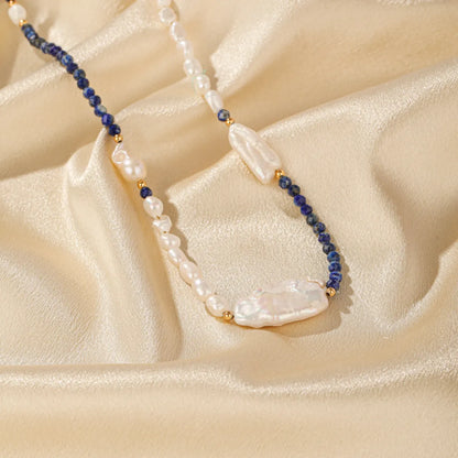 Elegant Classical Commute Color Block Freshwater Pearl Copper Lapis Lazuli Beaded Patchwork Plating 18k Gold Plated Necklace