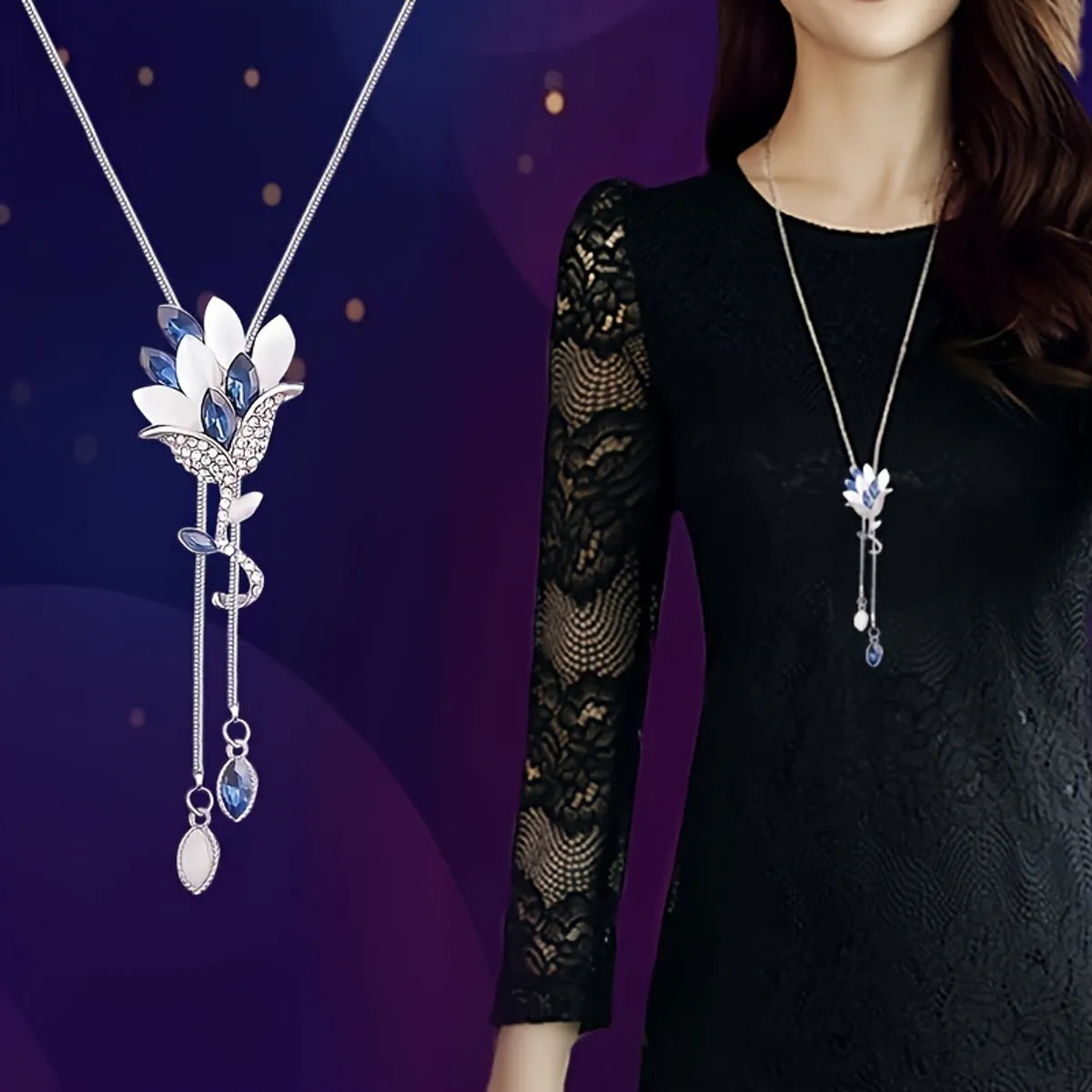 Elegant Classical Floral Alloy Plating Inlay Crystal Rhinestones Silver Plated Women's Necklace