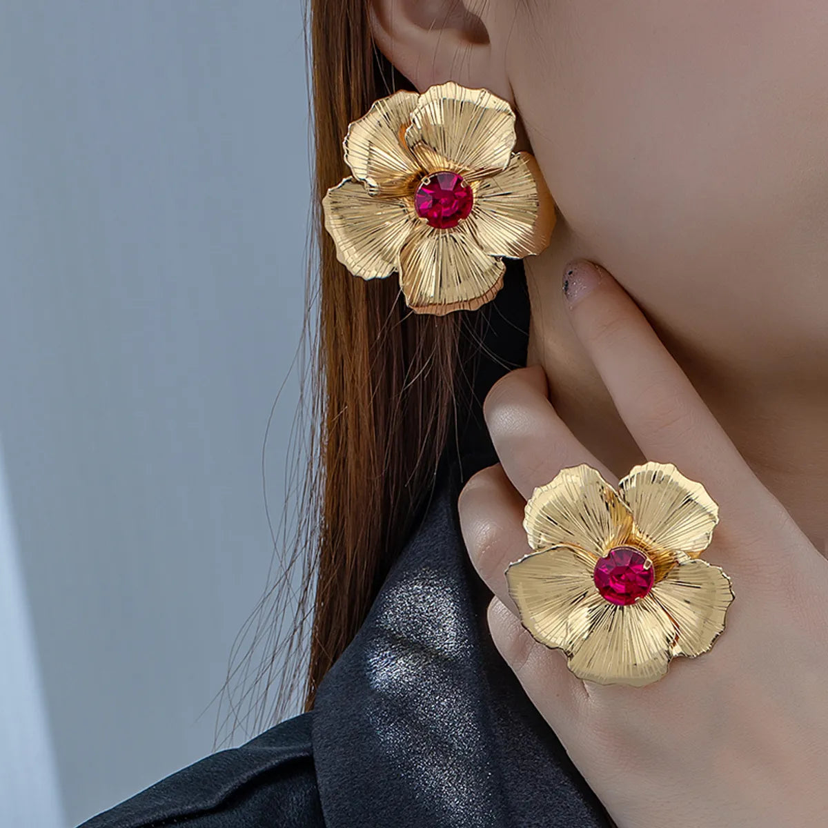 Elegant Classical Flower Alloy Plating Inlay Acrylic 14k Gold Plated Women's Rings Earrings