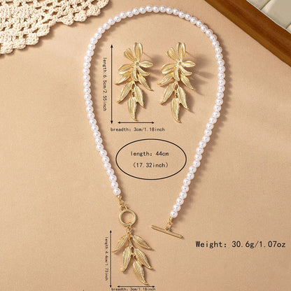 Elegant Classical Leaf Flower Artificial Pearl Alloy Beaded 14K Gold Plated Women's Earrings Necklace