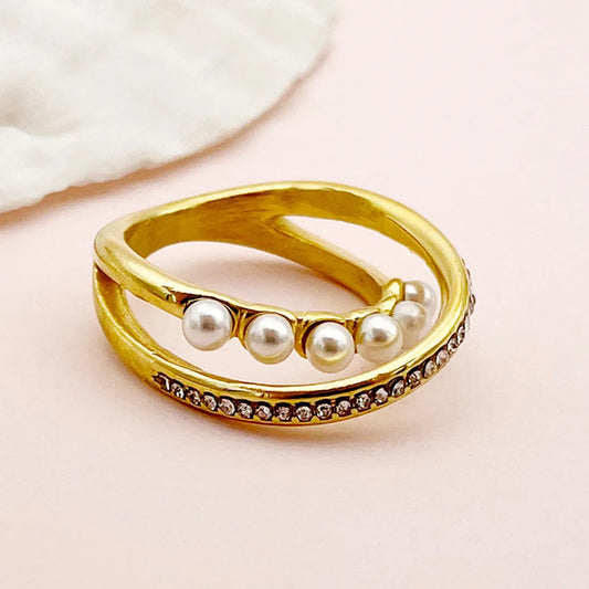 Elegant Classical Solid Color Stainless Steel Plating Inlay Pearl Zircon Gold Plated Rings