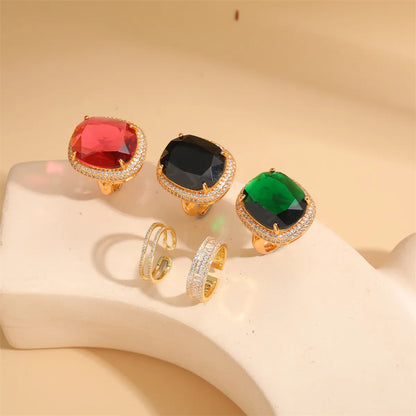 Elegant Classical Vintage Style Square Copper Plating Inlay Zircon 14k Gold Plated Open Rings