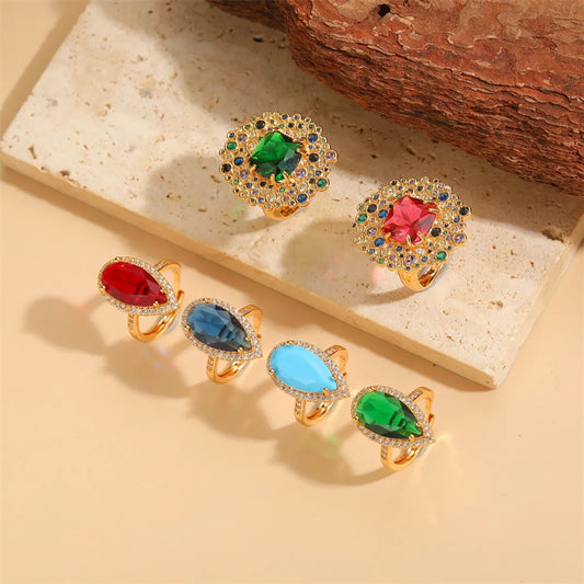 Elegant Classical Vintage Style Water Droplets Copper Plating Inlay Zircon 14k Gold Plated Open Rings