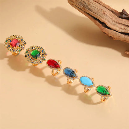 Elegant Classical Vintage Style Water Droplets Copper Plating Inlay Zircon 14k Gold Plated Open Rings