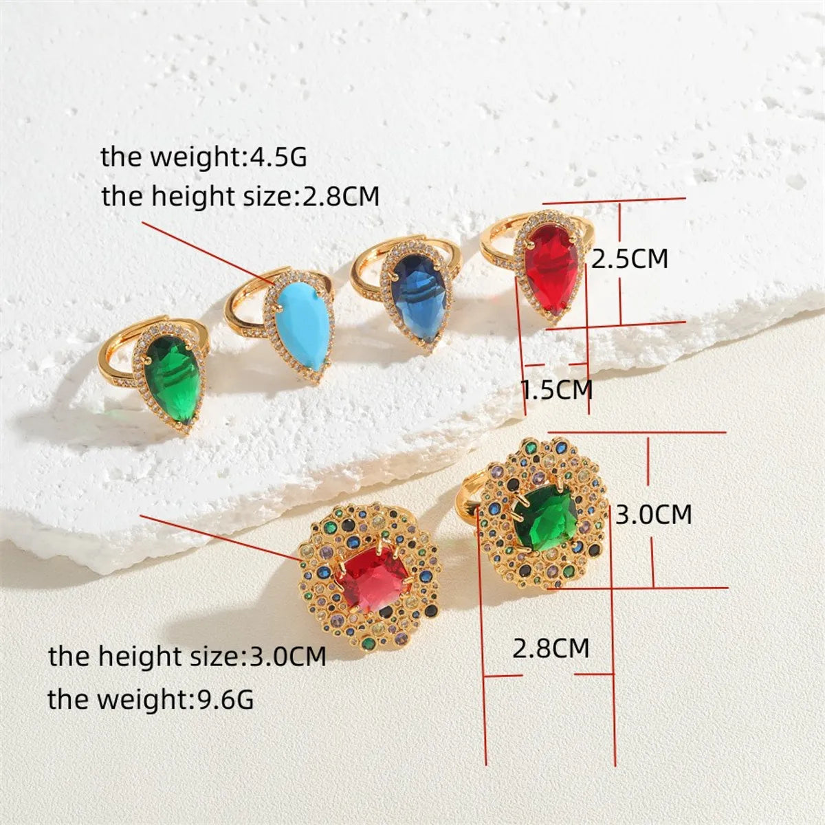 Elegant Classical Vintage Style Water Droplets Copper Plating Inlay Zircon 14k Gold Plated Open Rings