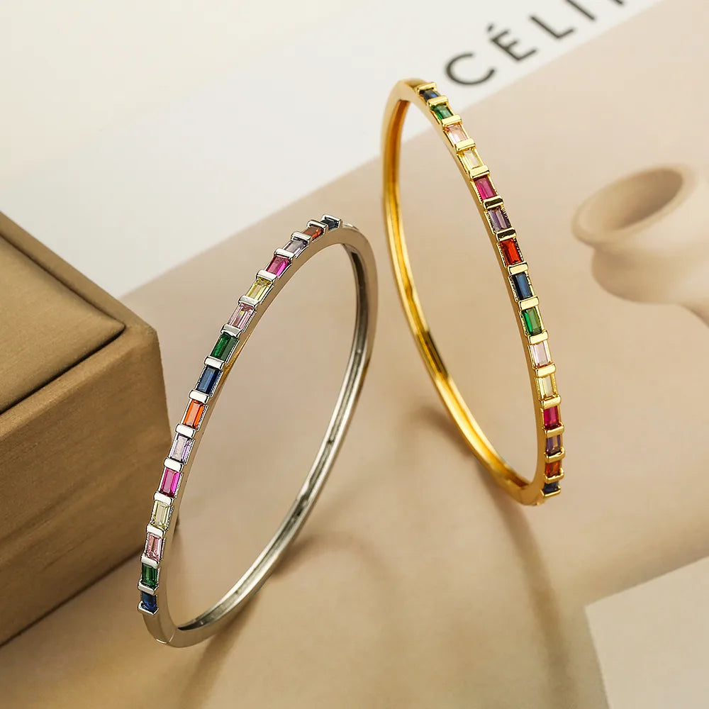 Elegant Colorful Square Copper 18k Gold Plated Zircon Bangle In Bulk