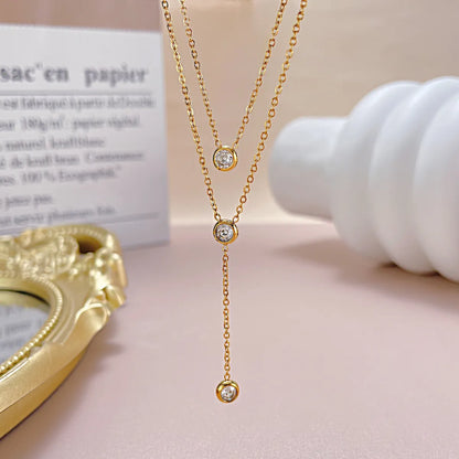 Elegant Commute Geometric Stainless Steel Plating Inlay Zircon Double Layer Necklaces