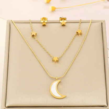 Wholesale Elegant Commute Star Heart Shape Titanium Steel Layered Plating Hollow Out 18k Gold Plated Earrings Necklace