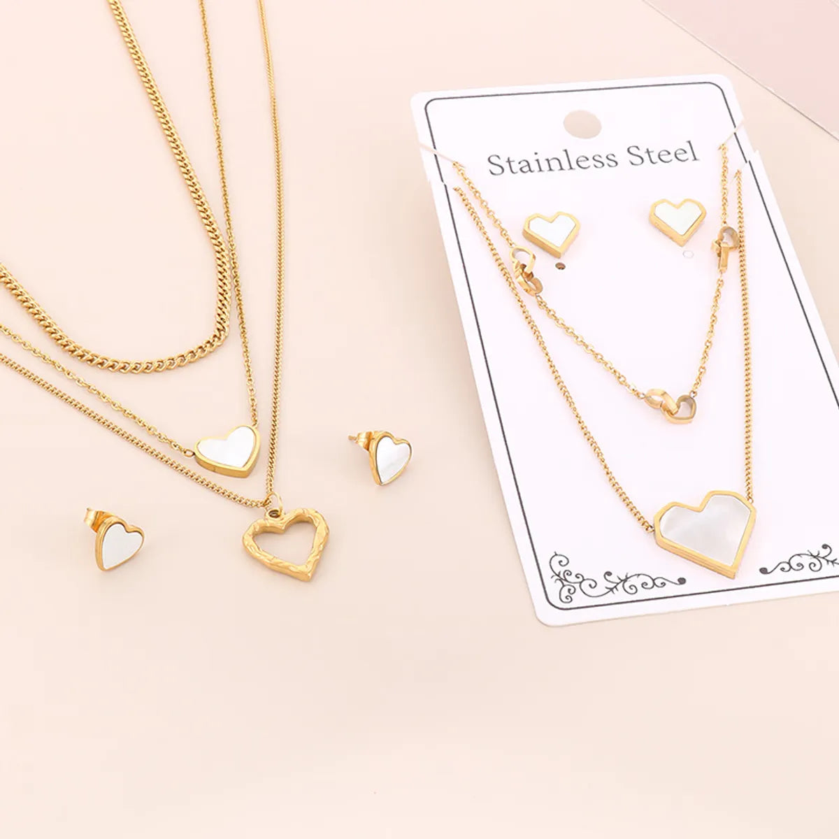 Wholesale Elegant Commute Star Heart Shape Titanium Steel Layered Plating Hollow Out 18k Gold Plated Earrings Necklace