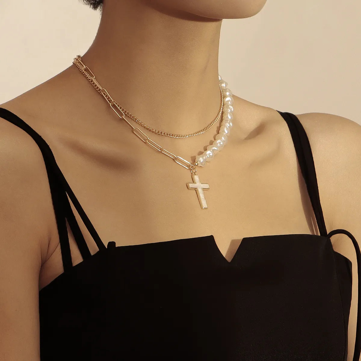 Elegant Cross Alloy Plating Artificial Pearls Shell Women's Layered Necklaces