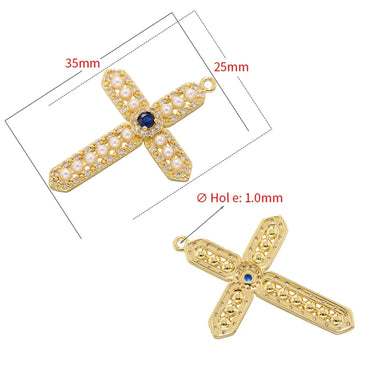 Elegant Cross Copper 18k Gold Plated Artificial Pearls Zircon Pendant Necklace In Bulk