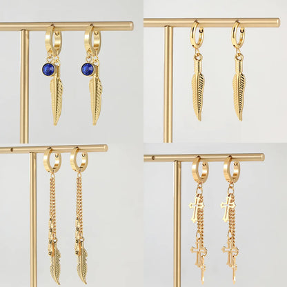 1 Pair Elegant Cross Feather Plating Stainless Steel Tassel 18k Gold Plated Dangling Earrings