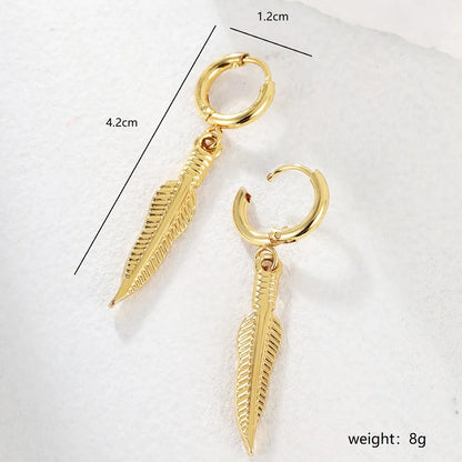 1 Pair Elegant Cross Feather Plating Stainless Steel Tassel 18k Gold Plated Dangling Earrings