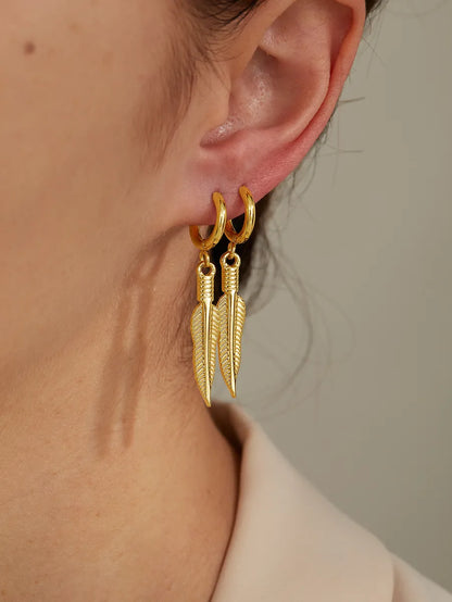 1 Pair Elegant Cross Feather Plating Stainless Steel Tassel 18k Gold Plated Dangling Earrings