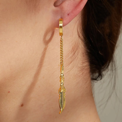 1 Pair Elegant Cross Feather Plating Stainless Steel Tassel 18k Gold Plated Dangling Earrings