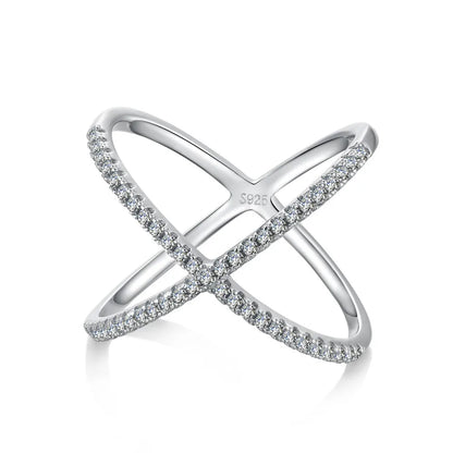 Elegant Cross Geometric Sterling Silver White Gold Plated Zircon Rings In Bulk