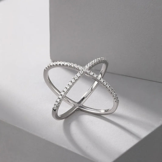 Elegant Cross Geometric Sterling Silver White Gold Plated Zircon Rings In Bulk