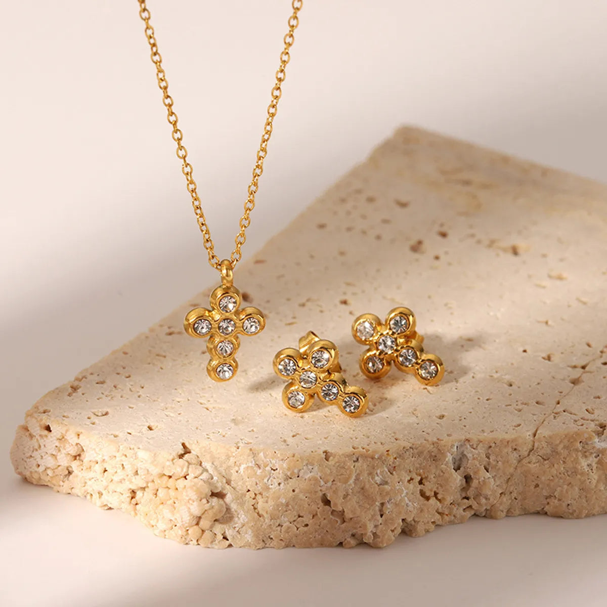 Wholesale Elegant Cross Stainless Steel Plating Inlay 18k Gold Plated Zircon Earrings Necklace