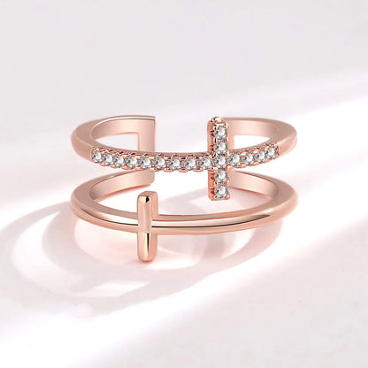 Elegant Cross Sterling Silver Plating Inlay Zircon Open Rings