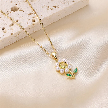 Elegant Cute Commute Flower Stainless Steel Brass 18k Gold Plated Artificial Pearls Pendant Necklace In Bulk