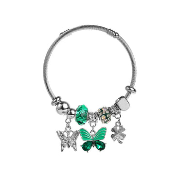 Elegant Cute Four Leaf Clover Heart Shape Butterfly Stainless Steel Alloy Beaded Inlay Rhinestones Bangle