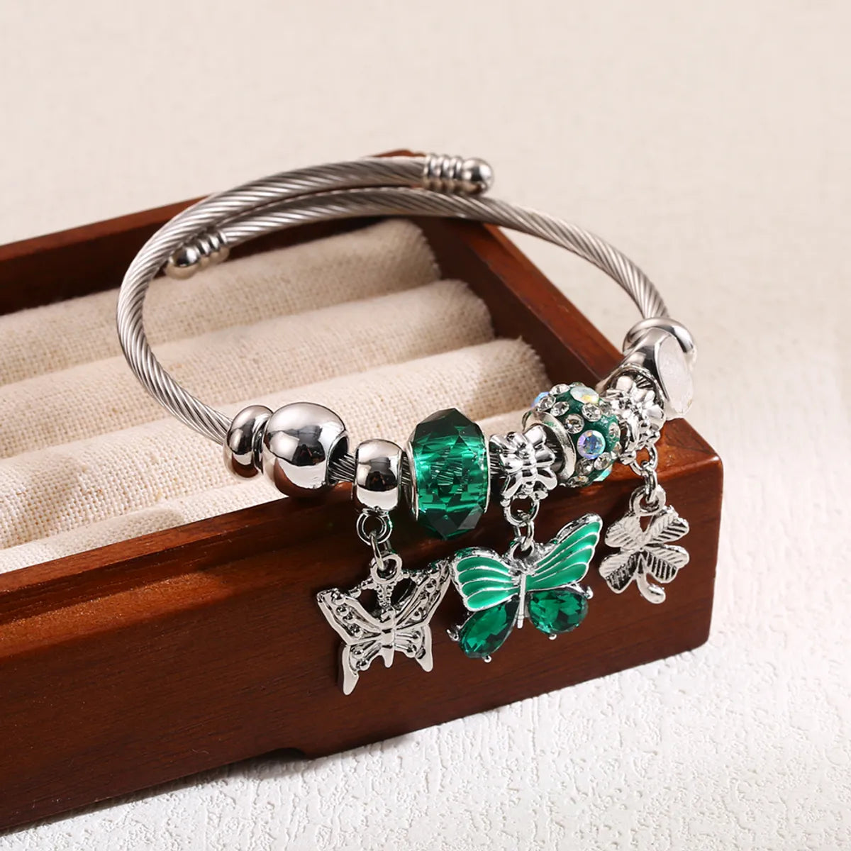 Elegant Cute Four Leaf Clover Heart Shape Butterfly Stainless Steel Alloy Beaded Inlay Rhinestones Bangle