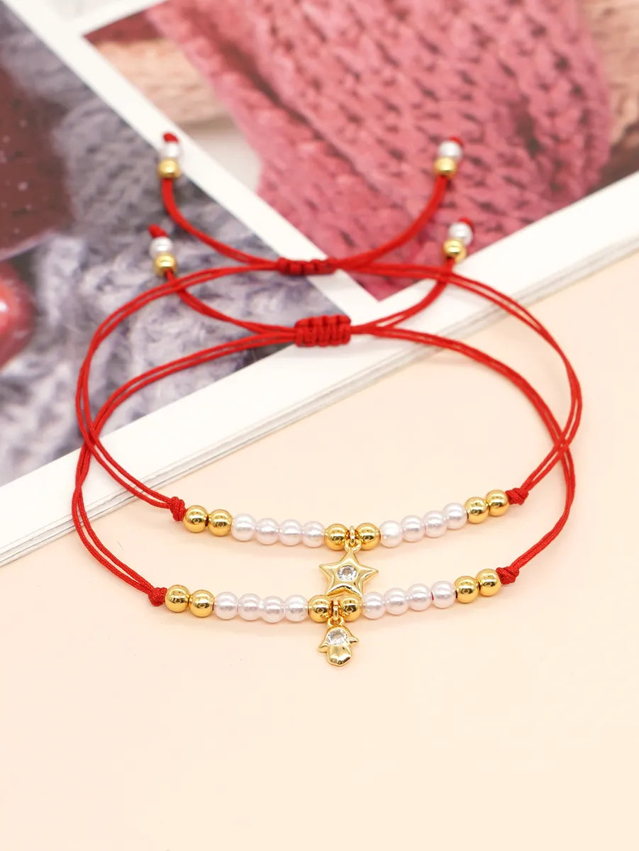 Elegant Cute Hand Star Moon Zircon Imitation Pearl Polyester Copper Wholesale Bracelets