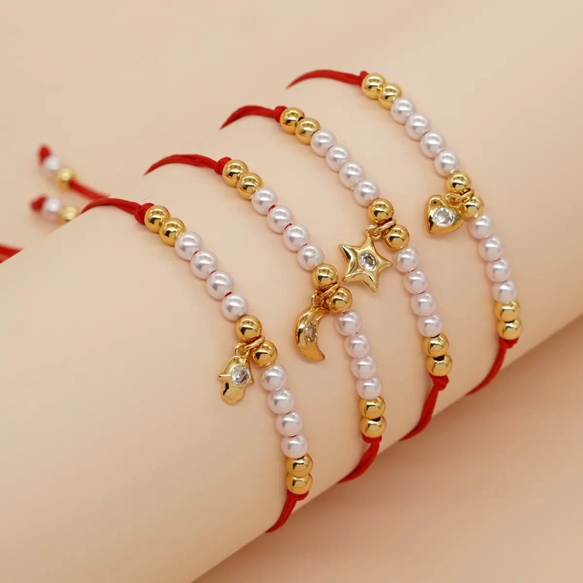 Elegant Cute Hand Star Moon Zircon Imitation Pearl Polyester Copper Wholesale Bracelets