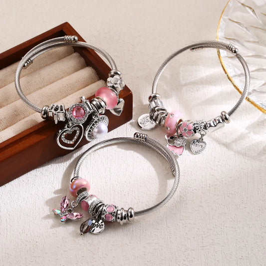 Elegant Cute Heart Shape Butterfly Elephant Stainless Steel Alloy Beaded Inlay Artificial Pearls Rhinestones Bangle