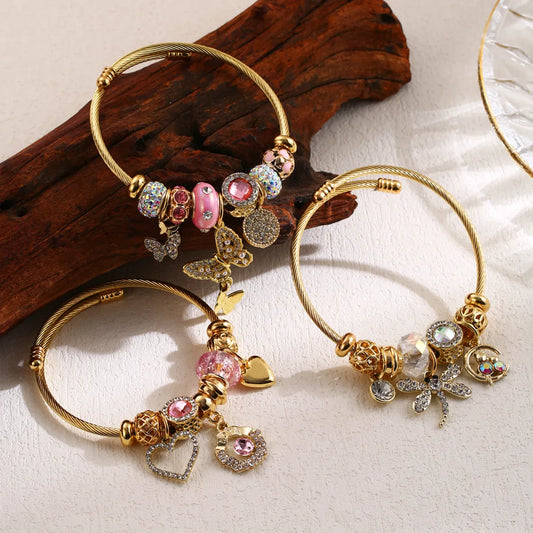 Elegant Cute Heart Shape Dragonfly Butterfly Stainless Steel Alloy Beaded Inlay Rhinestones Bangle