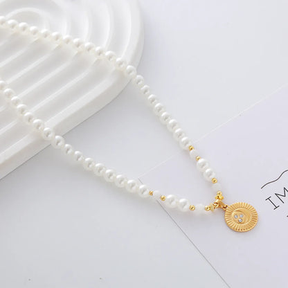 Elegant Cute Luxurious Geometric Devil's Eye Stainless Steel Natural Stone Glass Pearl Beaded Inlay Zircon 18K Gold Plated Women's Pendant Necklace