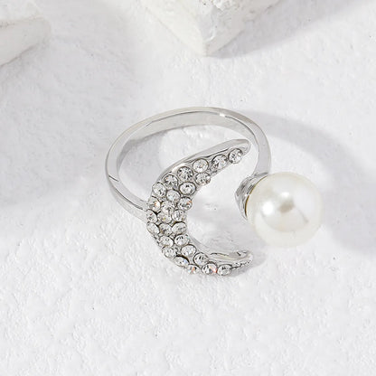 Elegant Cute Moon Alloy Asymmetrical Rhinestones Pearl Silver Plated Unisex Open Rings