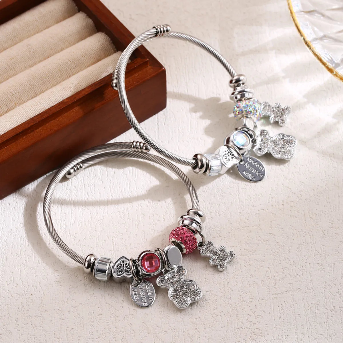 Elegant Cute Oval Bear Stainless Steel Alloy Beaded Inlay Rhinestones Bangle