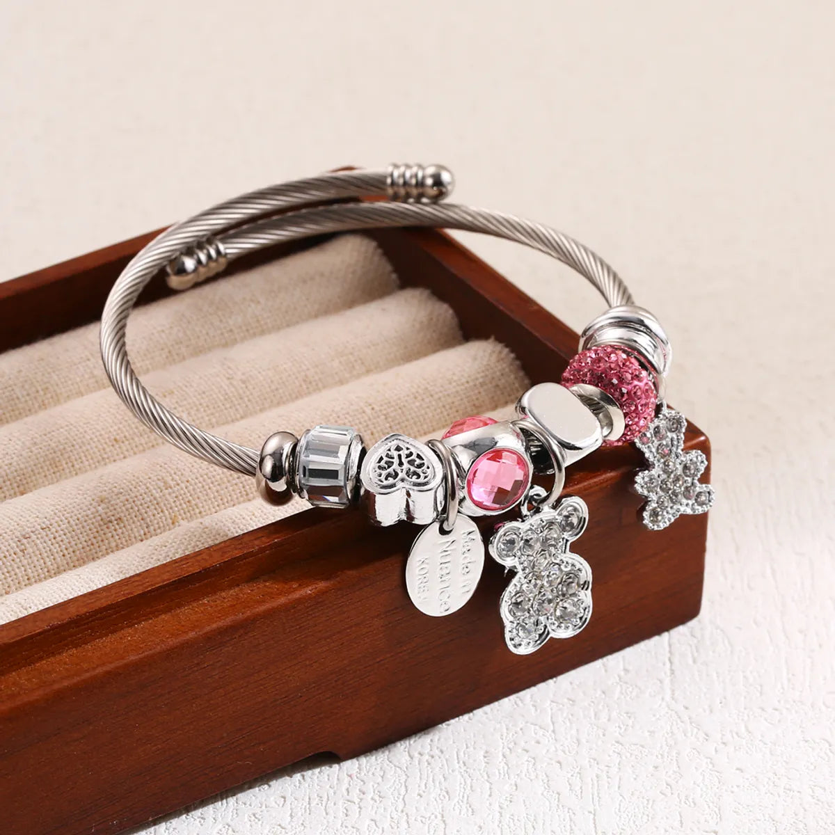 Elegant Cute Oval Bear Stainless Steel Alloy Beaded Inlay Rhinestones Bangle