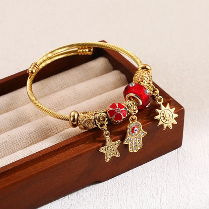 Elegant Cute Palm Star Moon Stainless Steel Alloy Beaded Inlay Rhinestones Women's Bangle