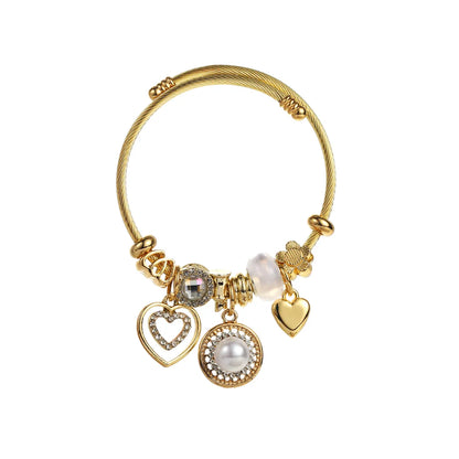 Elegant Cute Round Bear Heart Shape Stainless Steel Alloy Beaded Inlay Artificial Pearls Rhinestones Bangle