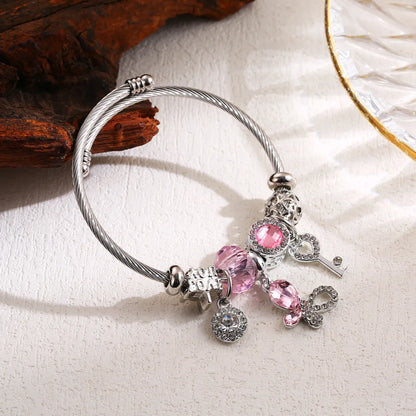 Elegant Cute Round Butterfly Key Stainless Steel Alloy Beaded Inlay Rhinestones Bangle